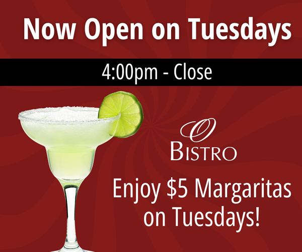 $5.00 margaritas at O Bistro on Tuesdays. Five dollar margarita drink special in Wolfeboro, NH.